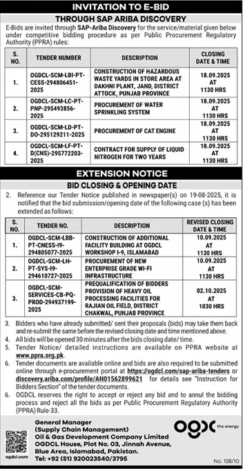 Oil & Gas Development Company Limited Islamabad Tender Notice